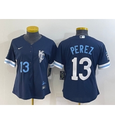 Women's Kansas City Royals #13 Salvador Perez Number 2022 Navy Blue City Connect Cool Base Stitched Jersey