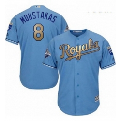 Youth Majestic Kansas City Royals 8 Mike Moustakas Authentic Light Blue 2015 World Series Champions Gold Program Cool Base MLB Jersey