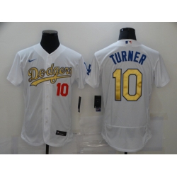 Men Los Angeles Dodgers 10 Justin Turner White Gold 2020 Nike Flexbase Jersey