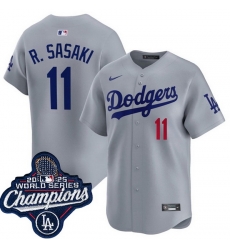 Men Los Angeles Dodgers 11 Roki Sasaki Grey 2025 World Series Champions Patch Limited Stitched Baseball Jersey