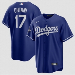 Men Los Angeles Dodgers 17 Shohei Ohtani Blue 2025 World Series Champions Patch Cool Base Stitched Baseball Jersey