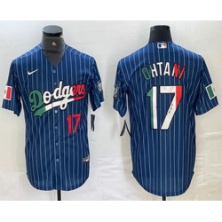 Men Los Angeles Dodgers 17 Shohei Ohtani Number Mexico Blue Pinstripe Cool Base Stitched Jersey