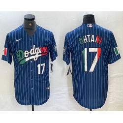 Men Los Angeles Dodgers 17 Shohei Ohtani Number Mexico Blue Pinstripe Cool Base Stitched Jerseys