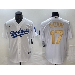 Men Los Angeles Dodgers 17 Shohei Ohtani White Gold Cool Base Stitched Baseball Jersey