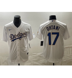 Men Los Angeles Dodgers 17 Shohei Ohtani White Gold Cool Base With Patch Stitched Baseball Jersey