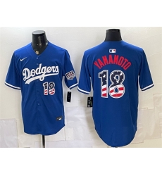 Men Los Angeles Dodgers  18 Yoshinobu Yamamoto Blue USA 250 Fourth of July Stitched Baseball Jersey
