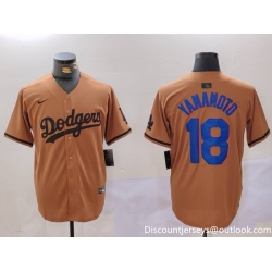 Men Los Angeles Dodgers 18 Yoshinobu Yamamoto Brown Cool Base Stitched Baseball Jersey 2