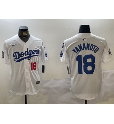 Men Los Angeles Dodgers 18 Yoshinobu Yamamoto White 2024 World Series With Fernando Memorial Patch Home Limited Stitched Baseball Jersey 3