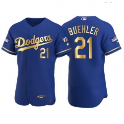 Men Los Angeles Dodgers 21 Walker Buehler Men Nike Authentic 2021 Gold Program World Series Champions MLB Jersey Royal