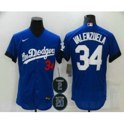 Men Los Angeles Dodgers 34 Fernando Valenzuela Blue 2 20 Patch City Connect Flex Base Stitched Jersey