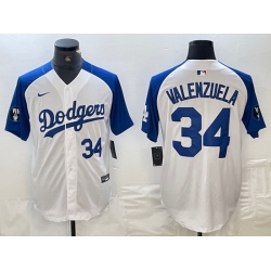 Men Los Angeles Dodgers 34 Toro Valenzuela White Blue Vin Patch Cool Base Stitched Baseball Jersey