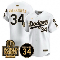 Men Los Angeles Dodgers 34 Toro Valenzuela White Gold 2024 World Series With Fernando Memorial Patch Limited Stitched Baseball Jersey