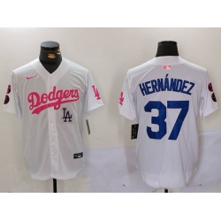 Men Los Angeles Dodgers 37 Teoscar Hernandez White Pink Vin  26 Kobe Patch Stitched Baseball Jersey 5