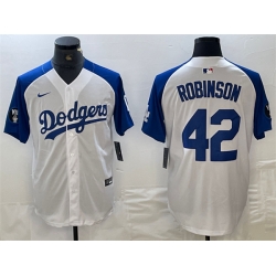 Men Los Angeles Dodgers 42 Jackie Robinson White Blue Vin Patch Cool Base Stitched Baseball Jersey