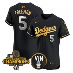 Men Los Angeles Dodgers 5 Freddie Freeman Black Gold 2024 World Series Champions With Vin Patch Vapor Limited Stitched Baseball Jersey