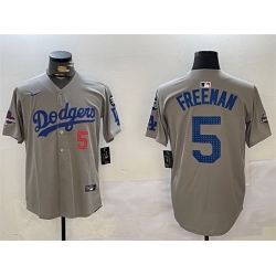 Men Los Angeles Dodgers 5 Freddie Freeman Grey 2024 World Series Champions With Fernando Memorial Patch Limited Stitched Baseball Jersey