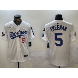 Men Los Angeles Dodgers 5 Freddie Freeman White 2024 World Series Champions With Fernando Memorial Patch Home Limited Stitched Baseball Jersey