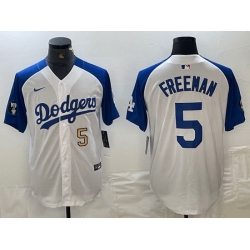 Men Los Angeles Dodgers 5 Freddie Freeman White Blue Vin Patch Cool Base Stitched Baseball Jersey