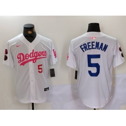 Men Los Angeles Dodgers 5 Freddie Freeman White Pink Vin  26 Kobe Patch Stitched Baseball Jersey 3