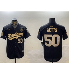 Men Los Angeles Dodgers 50 Mookie Betts Black Gold 2024 World Series With No  34 Patch Limited Stitched Baseball Jersey