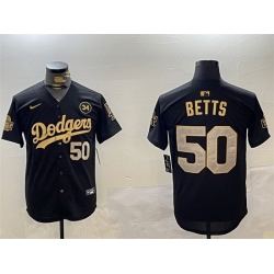 Men Los Angeles Dodgers 50 Mookie Betts Black Gold 2024 World Series With No  34 Patch Limited Stitched Baseball Jersey