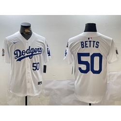 Men Los Angeles Dodgers 50 Mookie Betts White 2024 World Series With Fernando Memorial Patch Home Limited Stitched Baseball Jersey 2