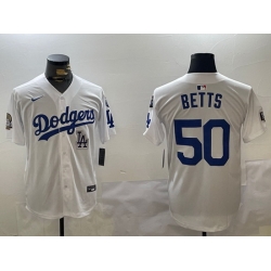 Men Los Angeles Dodgers 50 Mookie Betts White 2024 World Series With Fernando Memorial Patch Home Limited Stitched Baseball Jersey 6