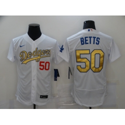 Men Los Angeles Dodgers 50 Mookie Betts White Gold 2020 Nike Flexbase Jersey