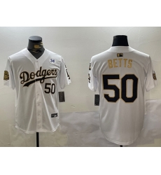 Men Los Angeles Dodgers 50 Mookie Betts White Gold 2024 World Series With Fernando Memorial Patch Limited Stitched Baseball Jersey 1