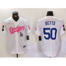 Men Los Angeles Dodgers 50 Mookie Betts White Pink Vin  26 Kobe Patch Stitched Baseball Jersey 3