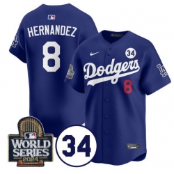 Men Los Angeles Dodgers 8 Enrique Hernandez Royal 2024 World Series With No  34 Patch Limited Stitched Baseball Jersey