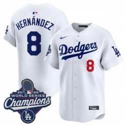 Men Los Angeles Dodgers 8 Enrique Hernandez White 2025 World Series Champions Patch Home Limited Stitched Baseball Jersey