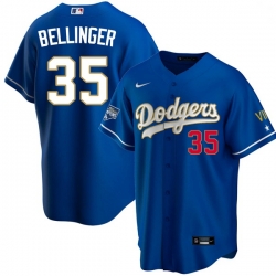 Men Los Angeles Dodgers Cody Bellinger 35 Championship Gold Trim Blue Limited All Stitched Flex Base Jersey