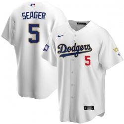 Men Los Angeles Dodgers Corey Seager 5 Championship Gold Trim White Limited All Stitched Flex Base Jersey