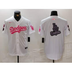 Men Los Angeles Dodgers Team Big Logo White Pink Vin  26 Kobe Patch Stitched Baseball Jersey 002