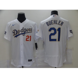 Men Los Angeles Dodgers Walker Buehler 21 Championship Gold Trim White Limited All Stitched Flex Base Jersey