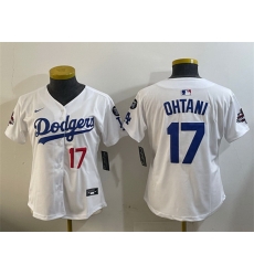 Women Los Angeles Dodgers 17 Shohei Ohtani White 2024 World Series Champions With Fernando Memorial Patch Home Limited Stitched Baseball Jersey 28Run Small