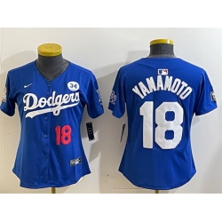 Women Los Angeles Dodgers 18 Yoshinobu Yamamoto Royal 2024 World Series With No  34 Patch Alternate Limited Stitched Baseball Jersey 