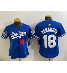 Women Los Angeles Dodgers 18  Yoshinobu Yamamoto Royal 2025 World Series Champions Patch Limited Stitched Baseball Jersey 