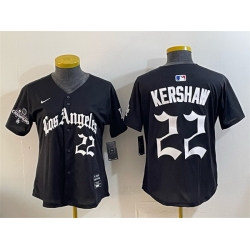 Women Los Angeles Dodgers 22 Clayton Kershaw Black 2025 World Series Champions LA Gothic Edition Limited Stitched Baseball Jersey 