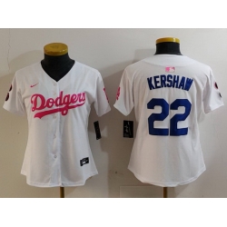 Women Los Angeles Dodgers 22 Clayton Kershaw White Pink Vin  26 Kobe Patch Stitched Baseball Jersey