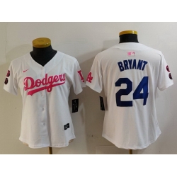 Women Los Angeles Dodgers 24 Kobe Bryant White Pink Vin  26 Kobe Patch Stitched Baseball Jersey