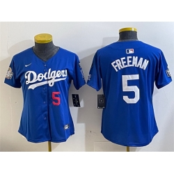 Women Los Angeles Dodgers 5 Freddie Freeman Royal 2024 World Series With Fernando Memorial Patch Alternate Limited Stitched Baseball Jersey 