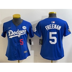 Women Los Angeles Dodgers 5 Freddie Freeman Royal 2024 World Series With No  34 Patch Alternate Limited Stitched Baseball Jersey 