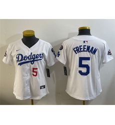 Women Los Angeles Dodgers 5 Freddie Freeman White 2024 World Series Champions With Fernando Memorial Patch Home Limited Stitched Baseball Jersey 28Run Smal