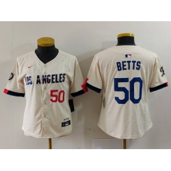 Women Los Angeles Dodgers 50 Mookie Betts Cream Stitched Jersey 5