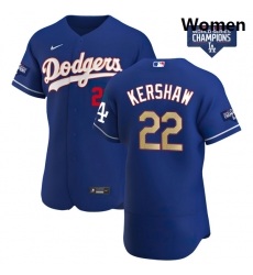 Women Los Angeles Dodgers Clayton Kershaw 22 Gold Program Designed Edition Blue Flex Base Stitched Jersey