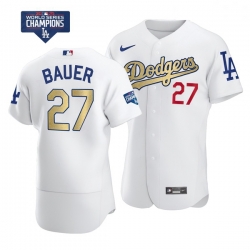 Women Los Angeles Dodgers Trevor Bauer 27 Gold Program White Flex Base Stitched Jersey