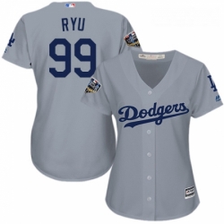 Womens Majestic Los Angeles Dodgers 99 Hyun Jin Ryu Authentic Grey Road Cool Base 2018 World Series MLB Jersey