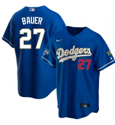 Youth Los Angeles Dodgers Trevor Bauer 27 Championship Gold Trim Blue Limited All Stitched Flex Base Jersey